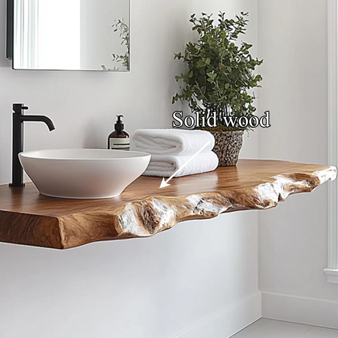 Spry Interior Floating Bathroom Vanity Shelf, Rustic Handcrafted Artisan Wood Washstand Countertop, Wall Mounted Bathroom Console SINLSABRV228