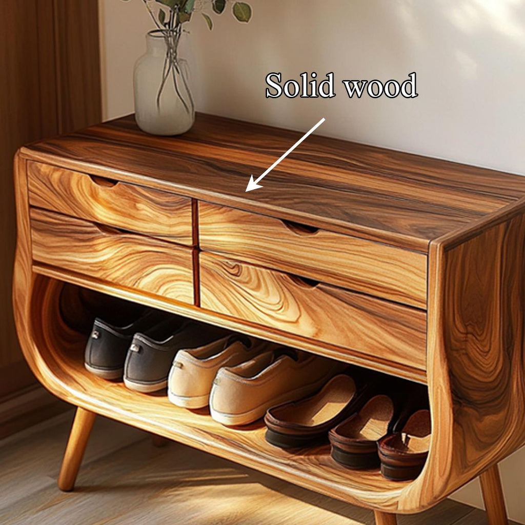 Mid Century Modern Shoe Organizer Bench, Soft Curved Solid Wood Storage Cabinet for Entryway, Reading Room