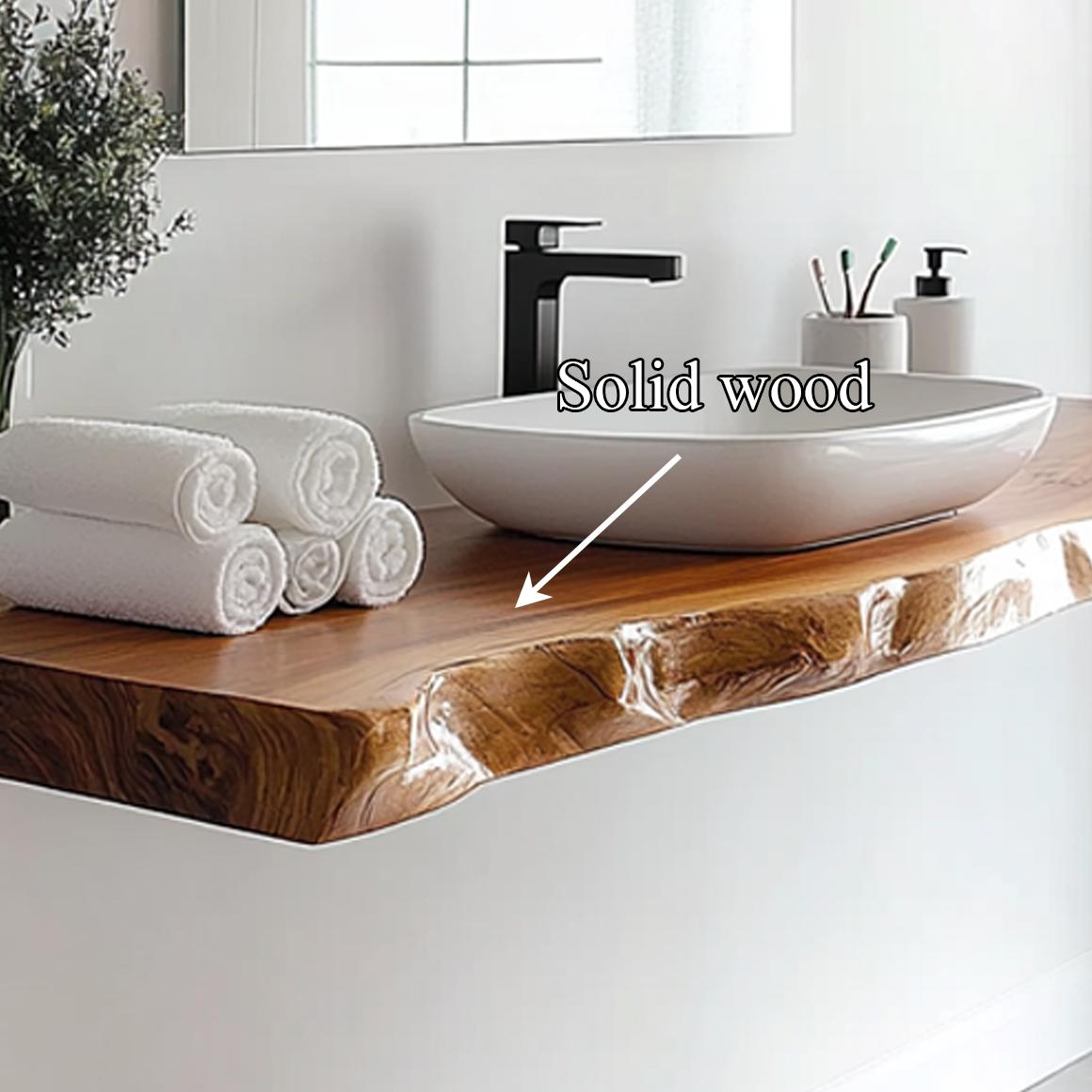Spry Interior Mid Century Floating Bathroom Vanity, Live Edge Solid Wood Washstand Shelf, Wall Mounted Rustic Bathroom Storage Console SINLSABRV230