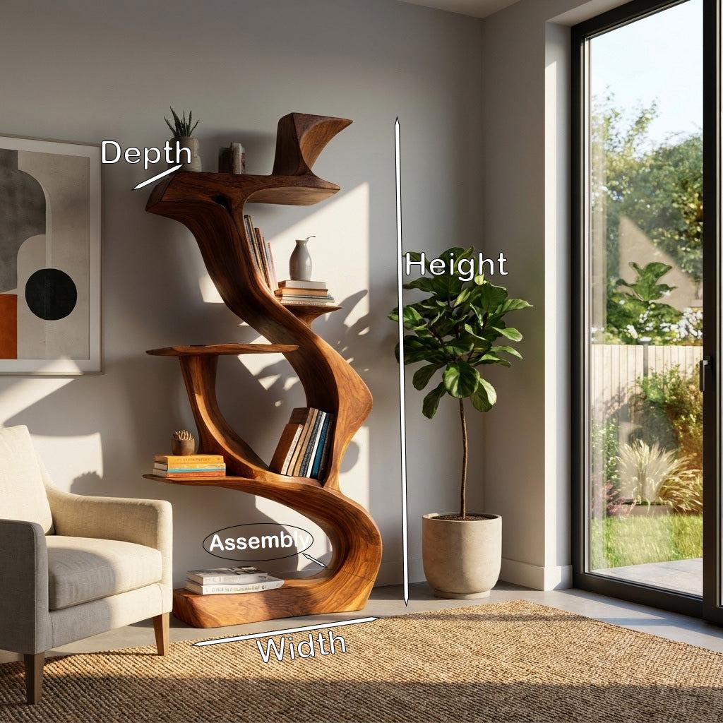 Sculptural Natural Wood Bookshelf, Handcrafted Solid Wood Standing Bookcase for Luxury Living Room & Home Decor