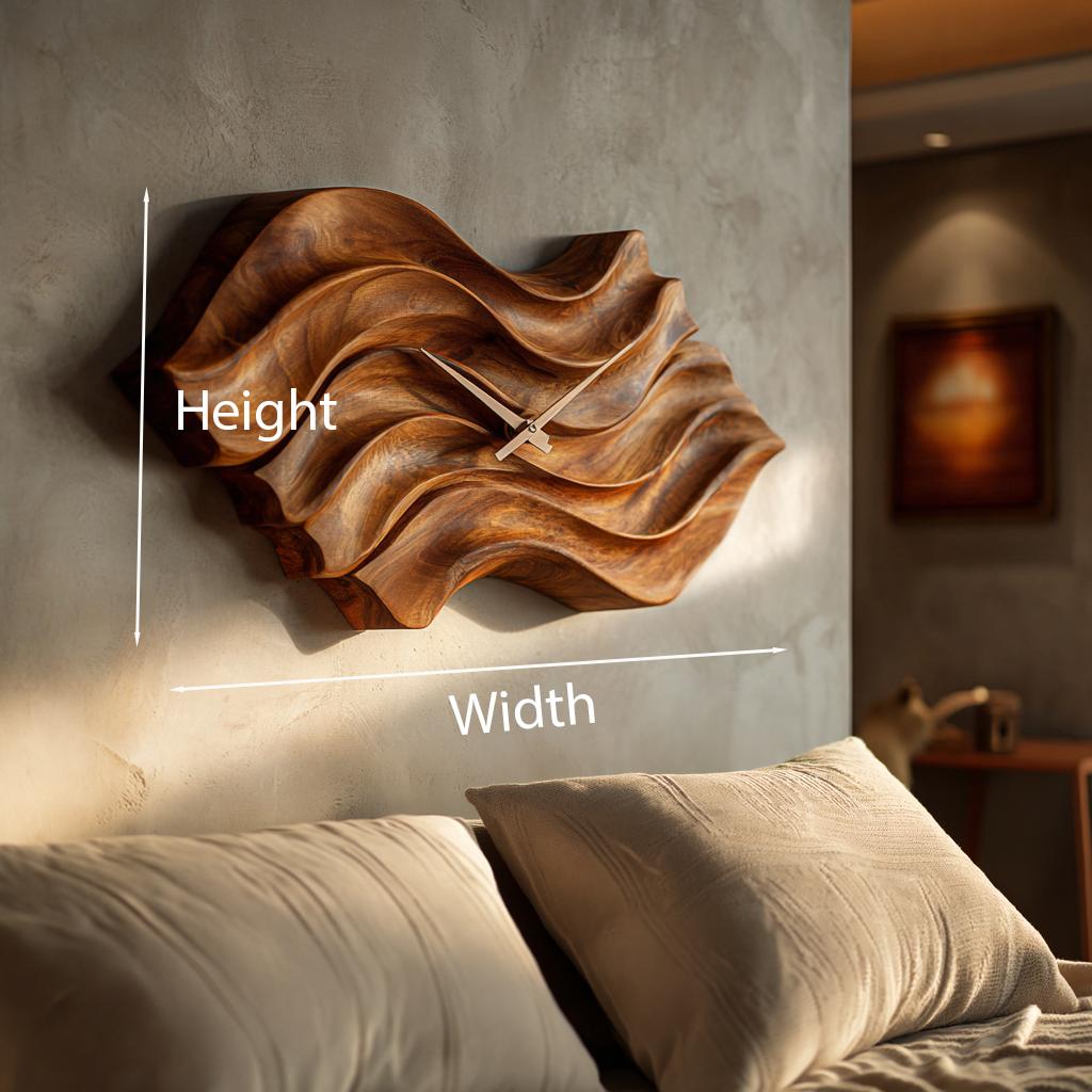 Modern Wooden Wall Clock, Organic Wavy Shape Solid Wood Quiet Timepiece for Bedroom Office Decor