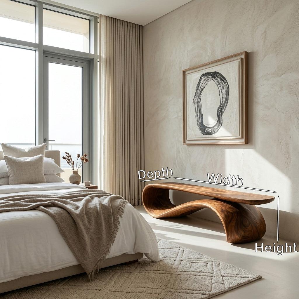 Modern Sculptural Wood Bench, Contemporary Entryway Hallway Seating, Unique Timber Dining Accent Bench