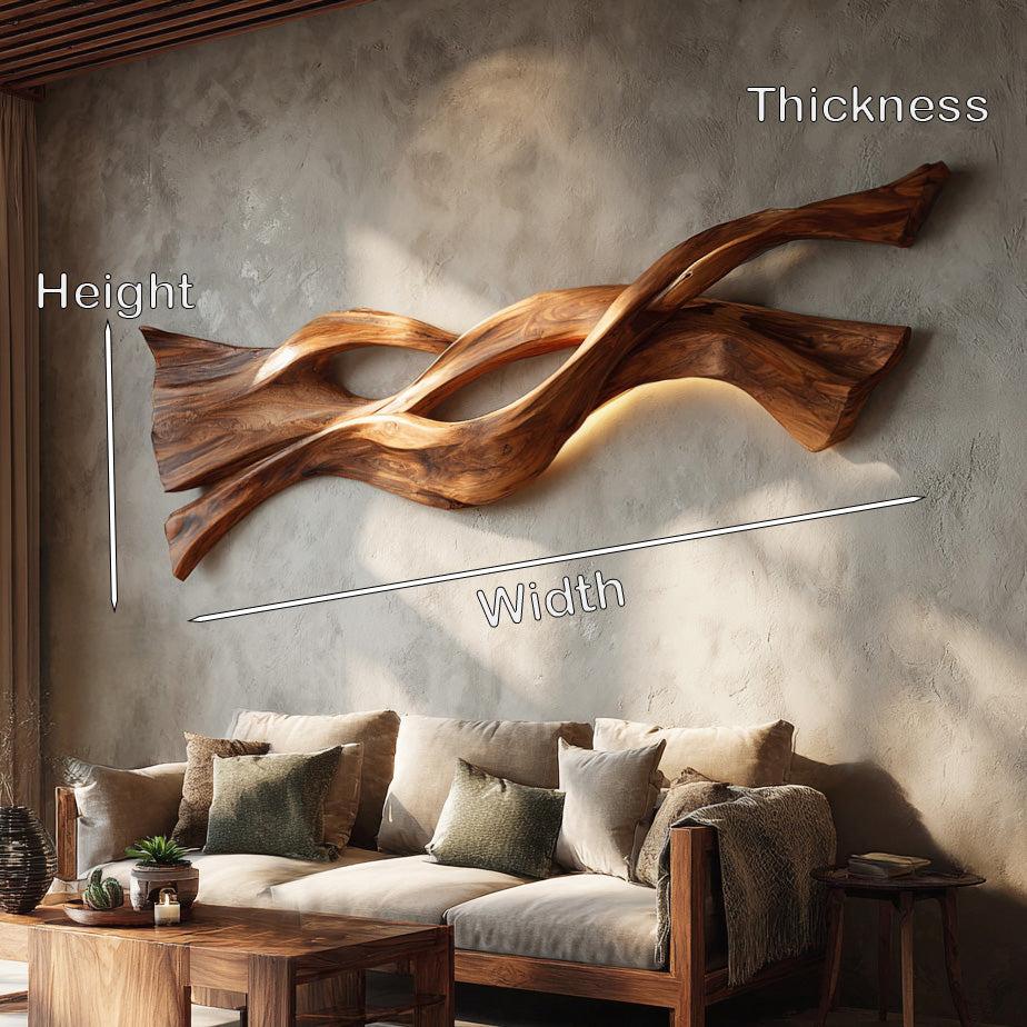 Contemporary Wood Wall Art, Flowing Abstract Wave Design 3D Carved Wood Sculpture for Living Room Decor