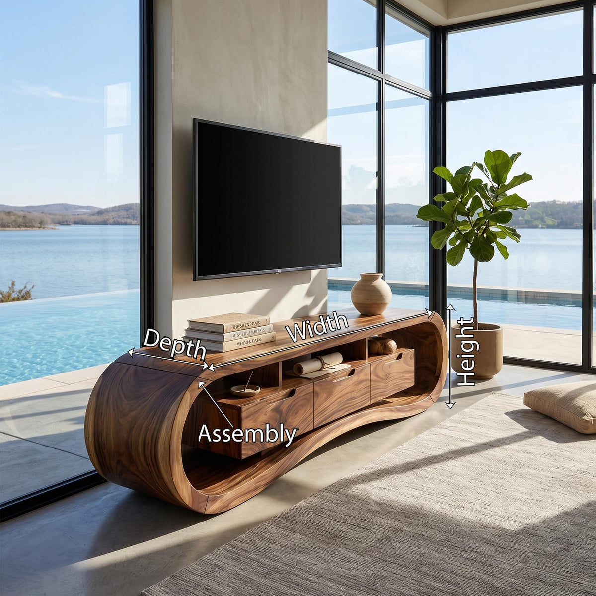 Modern Sculptural TV Stand Console, Handcrafted Solid Wood Media Center Cabinet for Minimalist Luxury Living Room