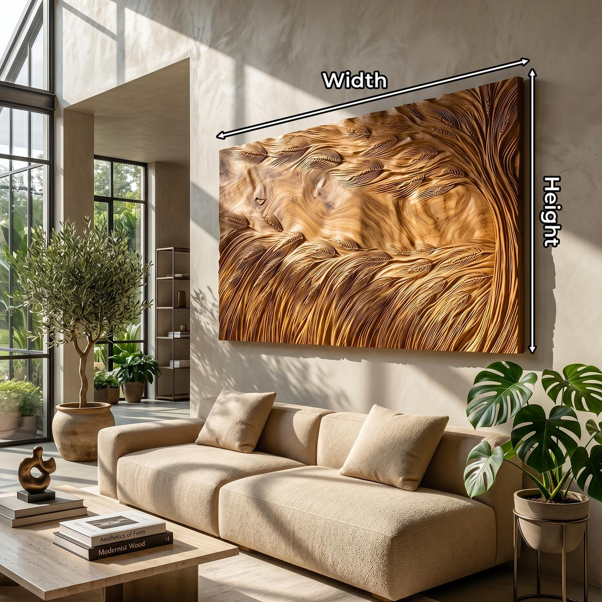 Sculptural Wooden Wall Art with Wave Texture, Abstract Carved Wall Panel for Living Room