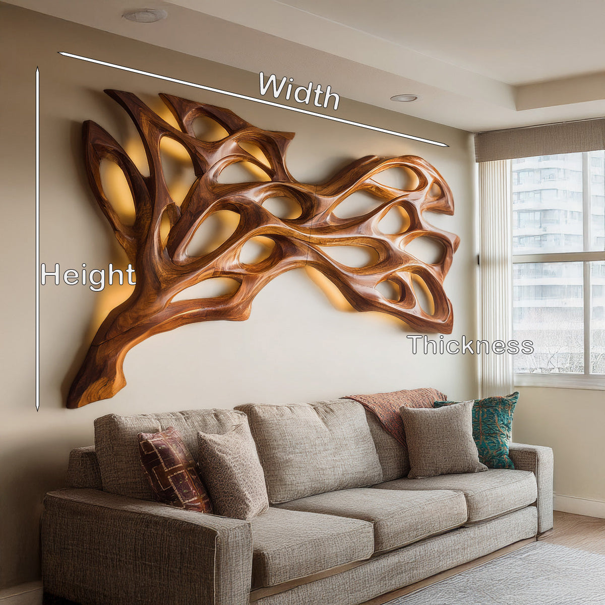 Abstract Natural Wood Wall Art, Hand Carved 3D Curved Wave Wooden Sculpture Panel Decor for Modern Home