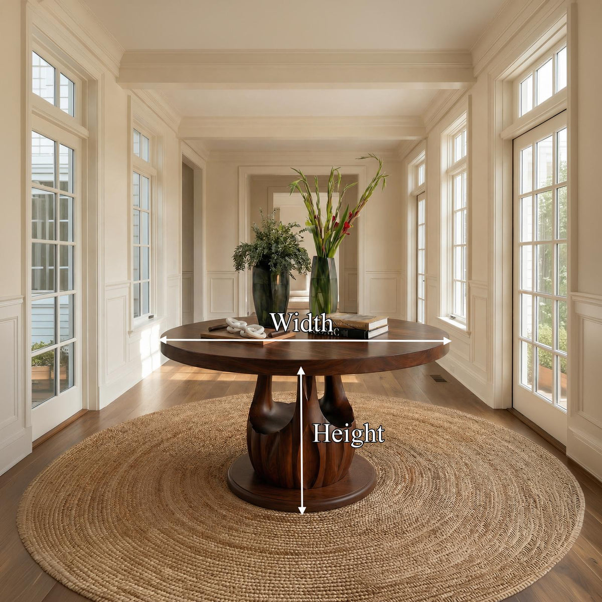 Modern Round Entryway Foyer Table, Solid Wood Unique Sculptural Base Accent Table for Hallway