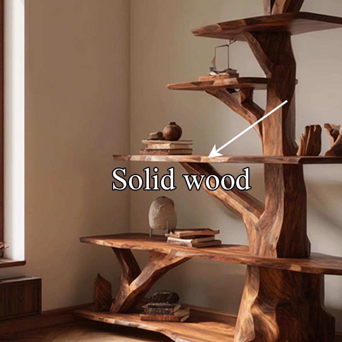Rustic Free Standing Tree Bookshelf, Solid Wood Modern Floor Bookcase & Creative Storage Organizer for Living Room, Bedroom