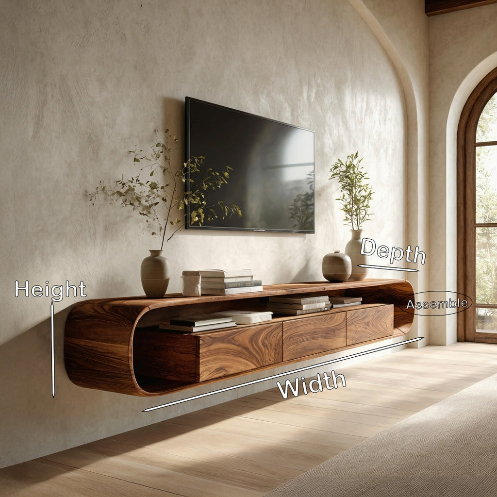 Organic Modern Floating TV Console, Wall Mounted Solid Wood Media Console Unit for Living Room