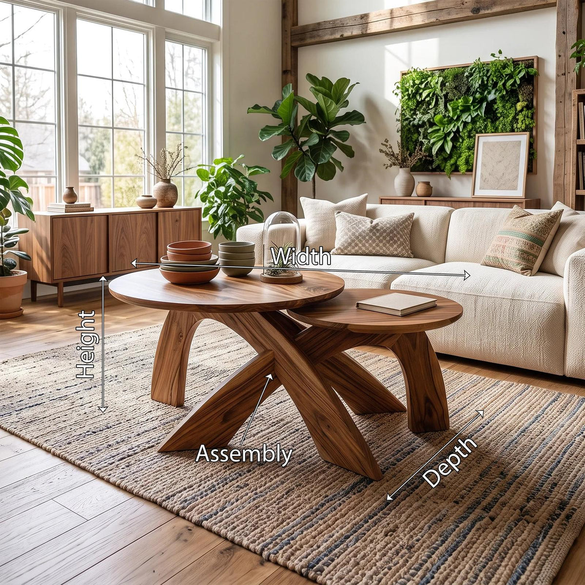 Mid Century Round Coffee Table Biophilic Living Room