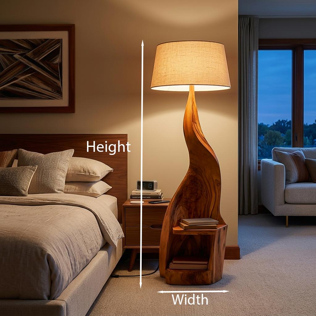 Modern Wooden Floor Lamp with Storage Shelf, Solid Wood Bedside Standing Accent Light for Reading Nook, Model