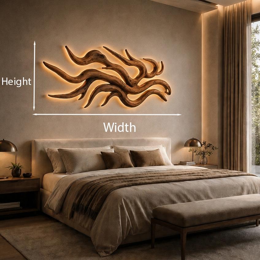 Artistic Wooden Wall Light with Flowing Root Design, Sculptural Rustic Sconce for Accent Bedroom Decor, Model