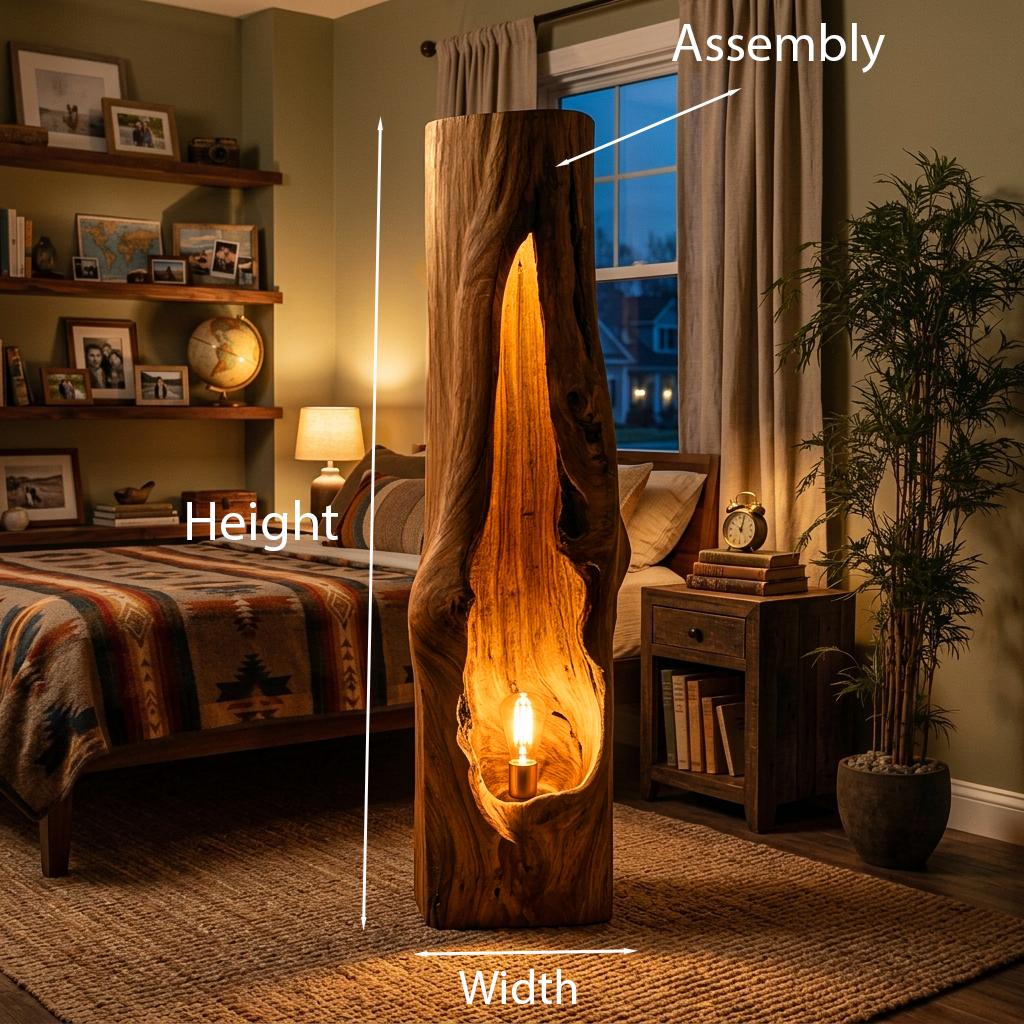 Rustic Wooden Floor Lamp, Sculptural Solid Wood Standing Accent Light with Shade for Cozy Bedroom, Model