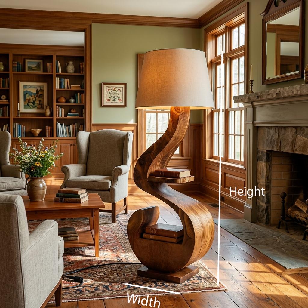 Sculptural Natural Wood Floor Lamp with Integrated Storage Shelf, Modern Standing Light for Living Room, Model