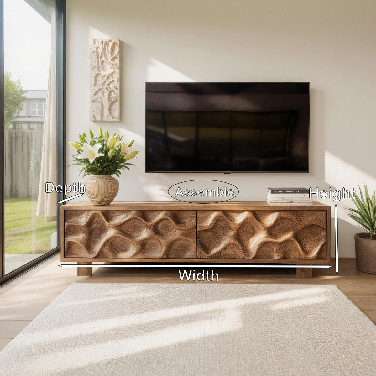 Hand-Carved TV Stand, Artistic Wave Design Solid Wood Media Entertainment Console Table for Modern Living Room