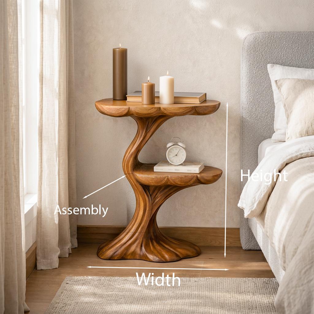 Handcrafted Wooden Nightstand with Organic Branch Base, Rustic Solid Wood Bedside Table, Model