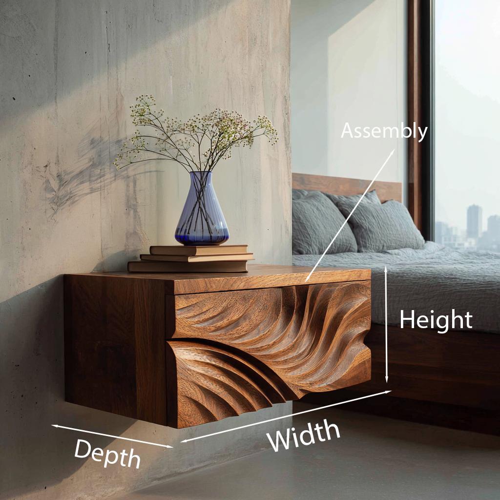 Elegant Wooden Floating Nightstand with Carved Front, Wall Mounted Bedside Table with Drawer, Model