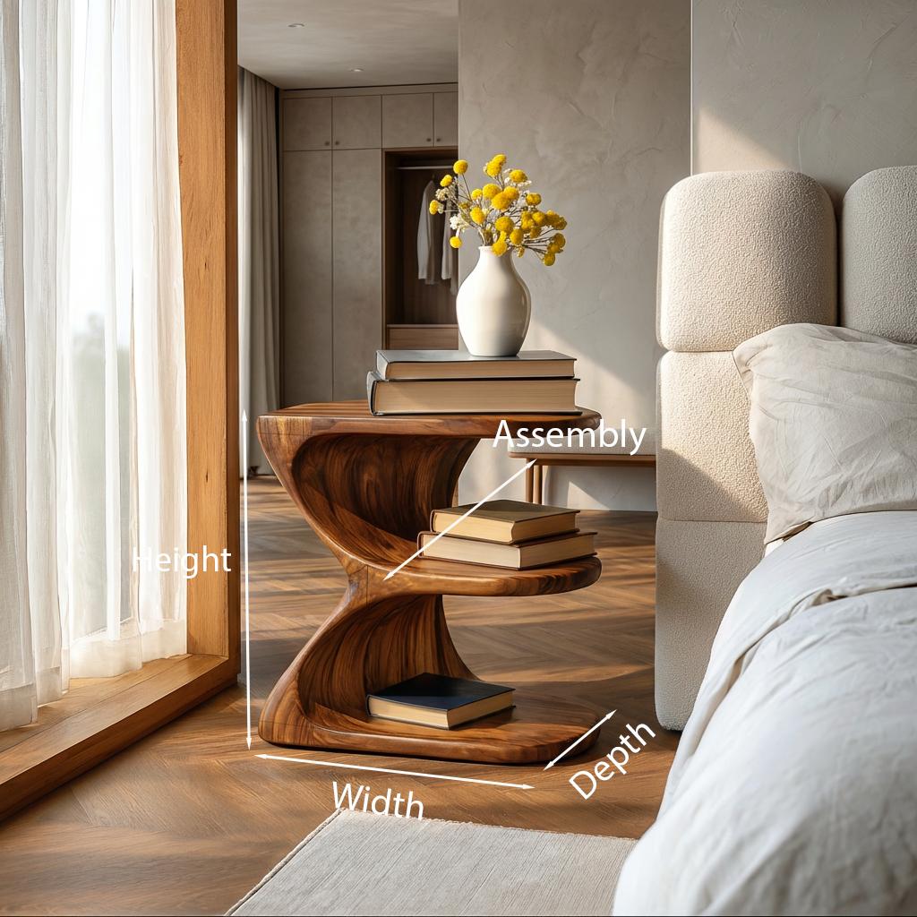 Modern Natural Wood Nightstand, Unique E-Shape Bedside Table with Open Shelves for Bedroom, Model