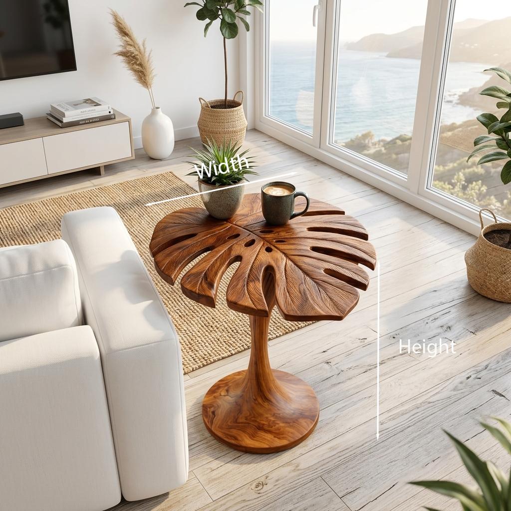 Handmade Wooden Side Table with Leaf Shape Top, Solid Wood Sculptural End Table for Sofa Side & Living Room, Model