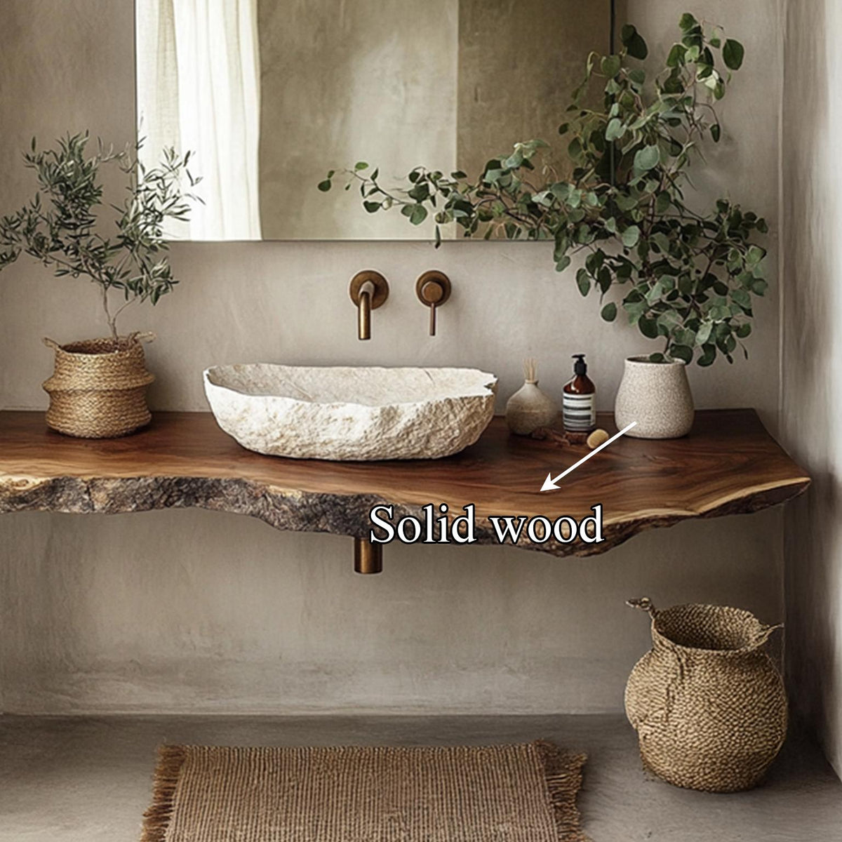 Mid-Century Solid Wood Shelf Vanity, Bathroom Single Sink Countertop, Washroom Floating Console Support Shelf