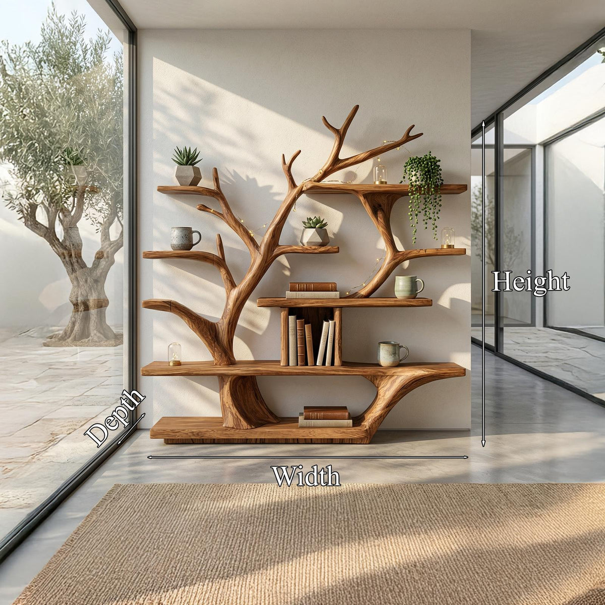Modern Organic Tree Bookshelf, Solid Wood Branch Design Bookcase & Display Shelf for Living Room Decor