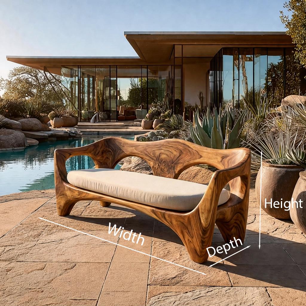 Mid-Century Modern Wooden Sofa with Sculptural Frame, Handcrafted Solid Wood Patio & Living Room Couch, Model