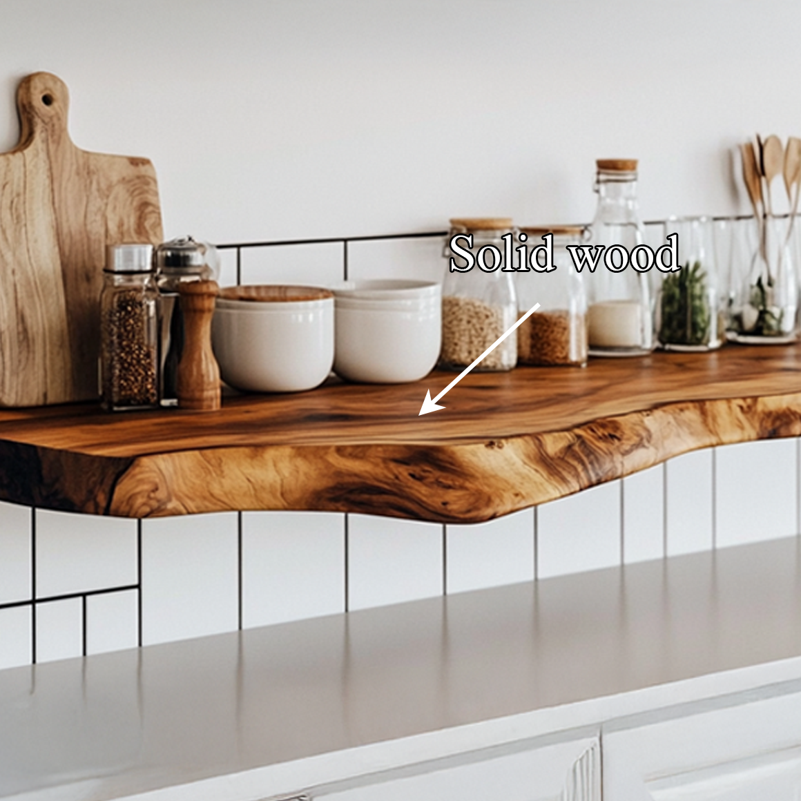 Natural Solid Wood Floating Shelf, Wall Mounted Rustic Kitchen Spice Rack & Decorative Open Shelving Tableware Display