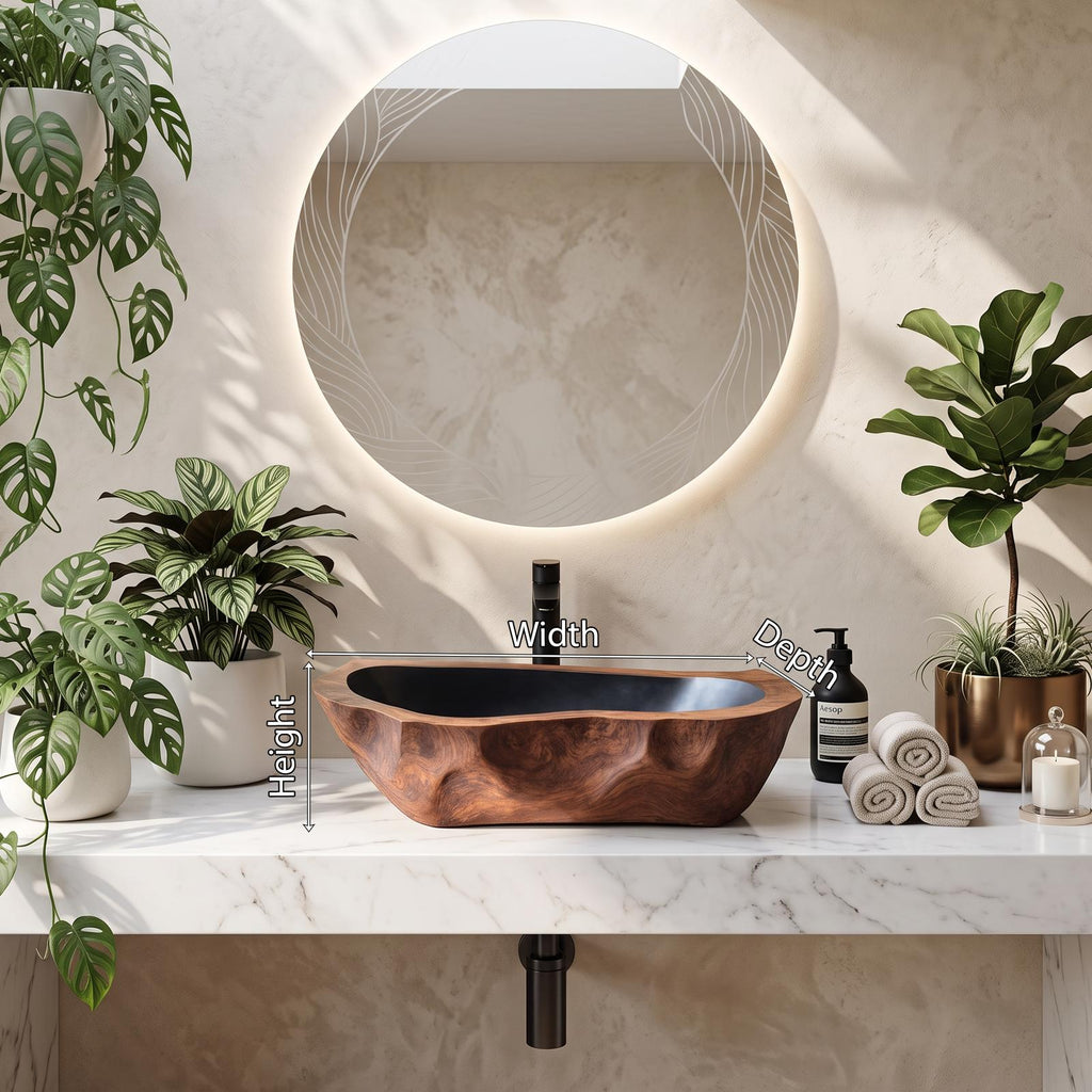 Mid Century Solid Wood Vessel Sink, Handcrafted Natural Live Edge Wooden Wash Basin for Modern Bathroom Vanity Makeover