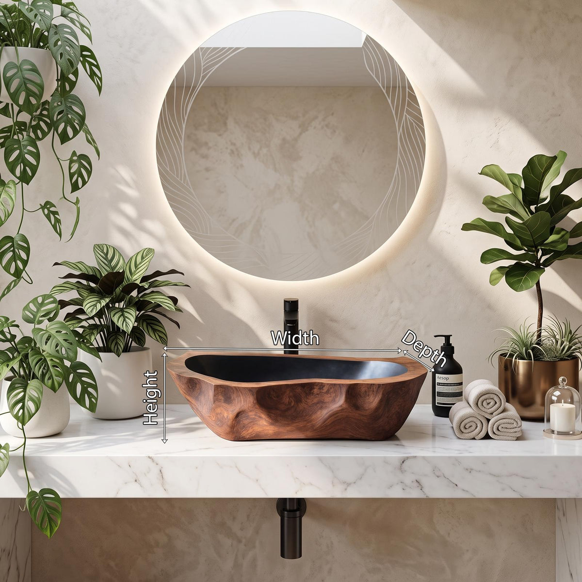 Mid Century Solid Wood Vessel Sink, Handcrafted Natural Live Edge Wooden Wash Basin for Modern Bathroom Vanity Makeover