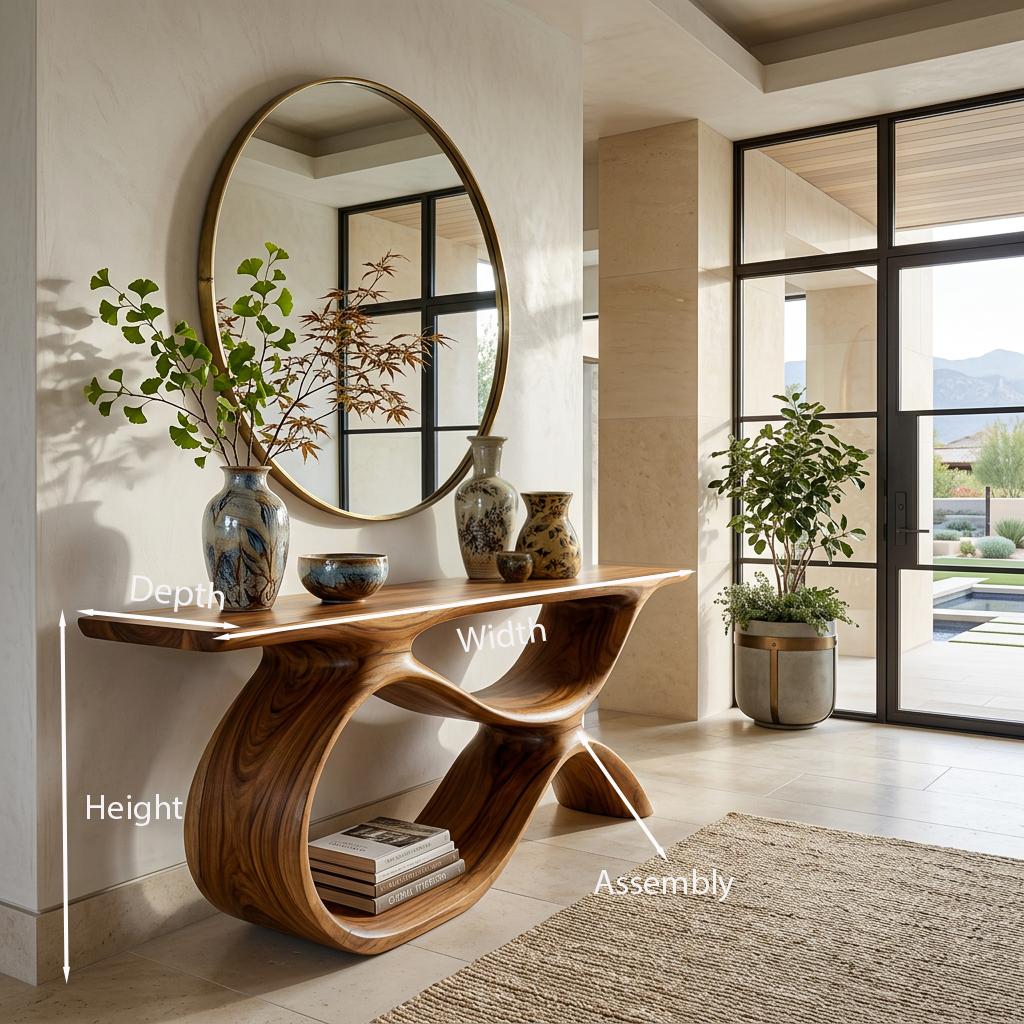 Modern Wooden Console Table with Curved Open Storage, Handcrafted Entryway Table for Hallway & Living Room, Model