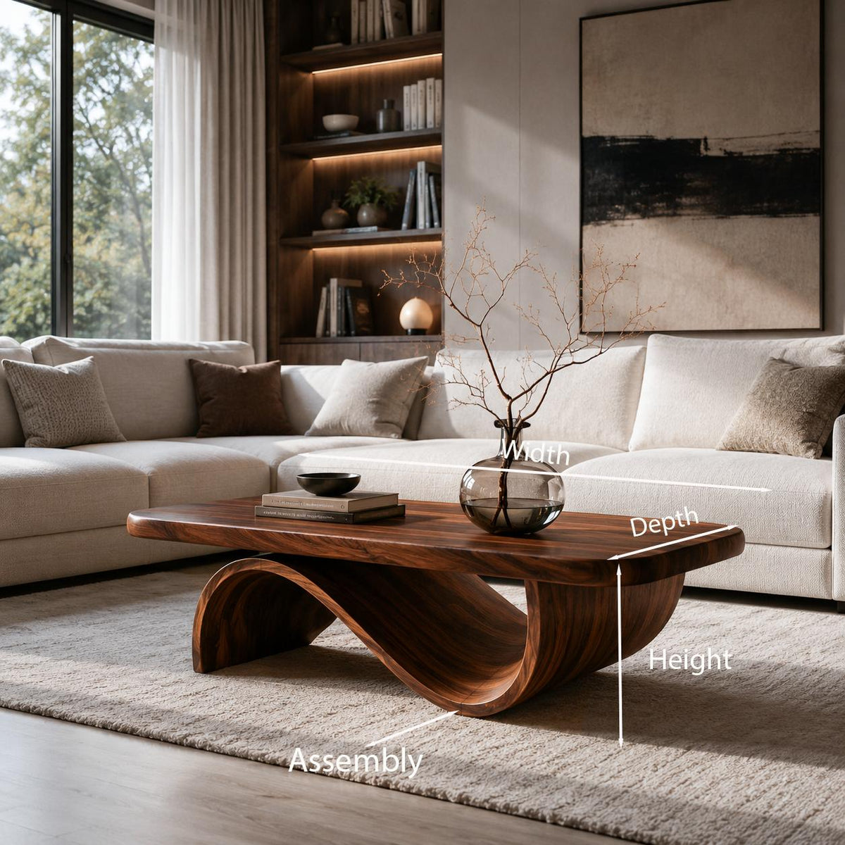 Artistic Wooden Coffee Table with Curved Base, Modern Sculptural Center Table for Living Room Decor, Model