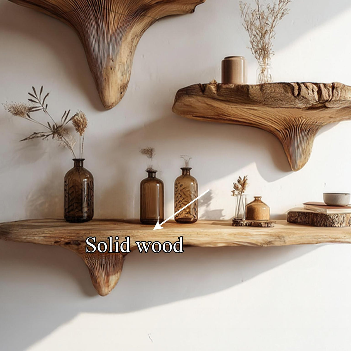 Rustic Live Edge Mushroom Floating Shelves, Handcrafted Wood Branch Wall Mounted Display Shelf for Living Room