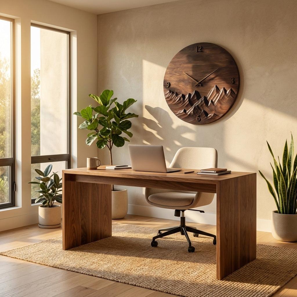 Modern Wall Clock Mountain Landscape, Handcrafted Wooden Hanging Art Timepiece for Cozy Living Room