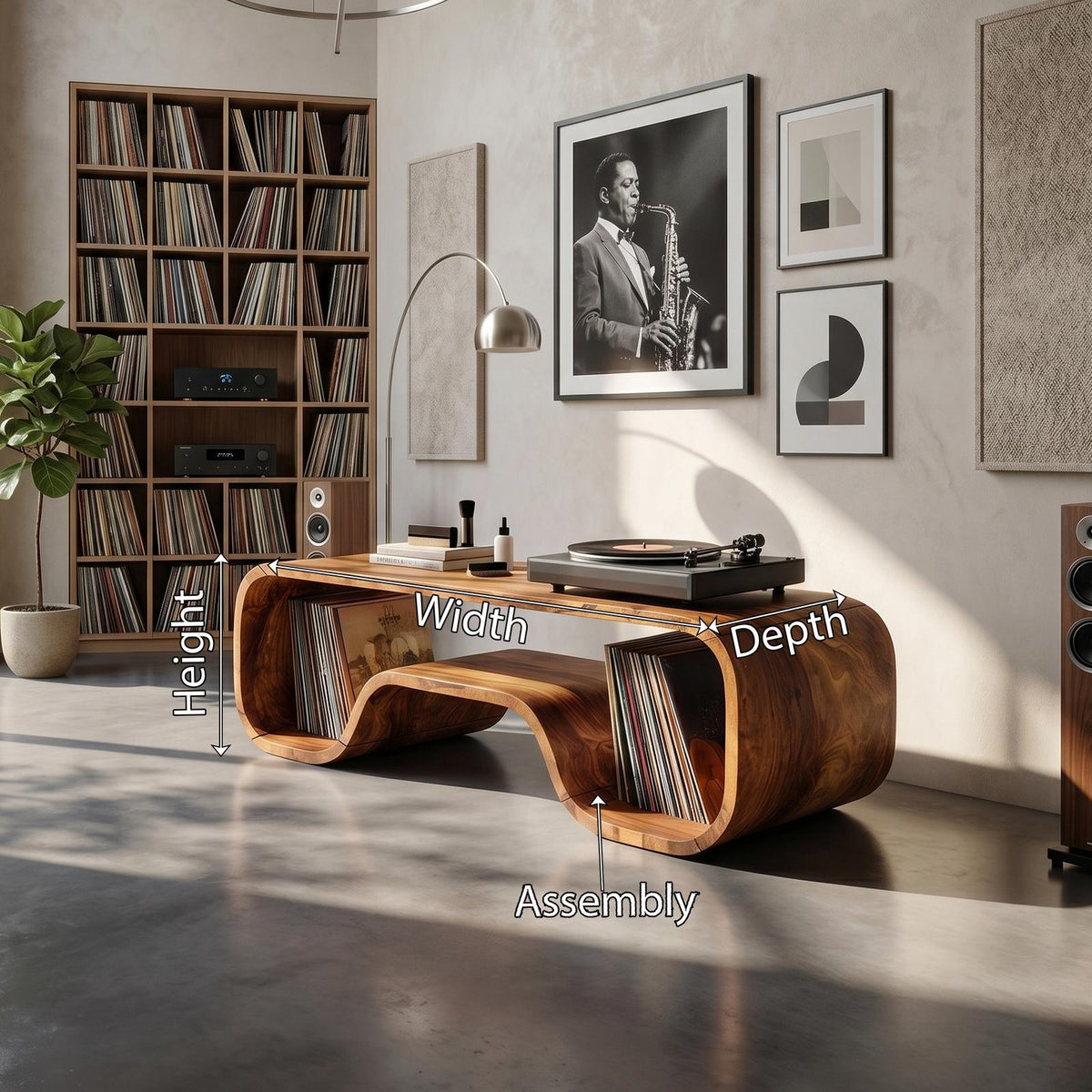 Japandi Curved Wood Record Player Stand, Handcrafted Minimalist Vinyl storage Turntable Console Cabinet, Model