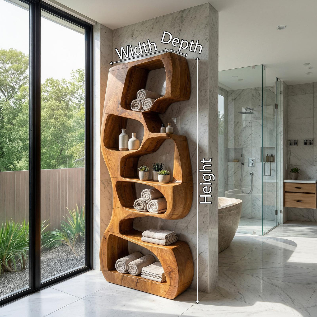 Japandi Geometric Bookshelf, Modern Wooden Storage Shelf Display Unit for Living Room & Kitchen