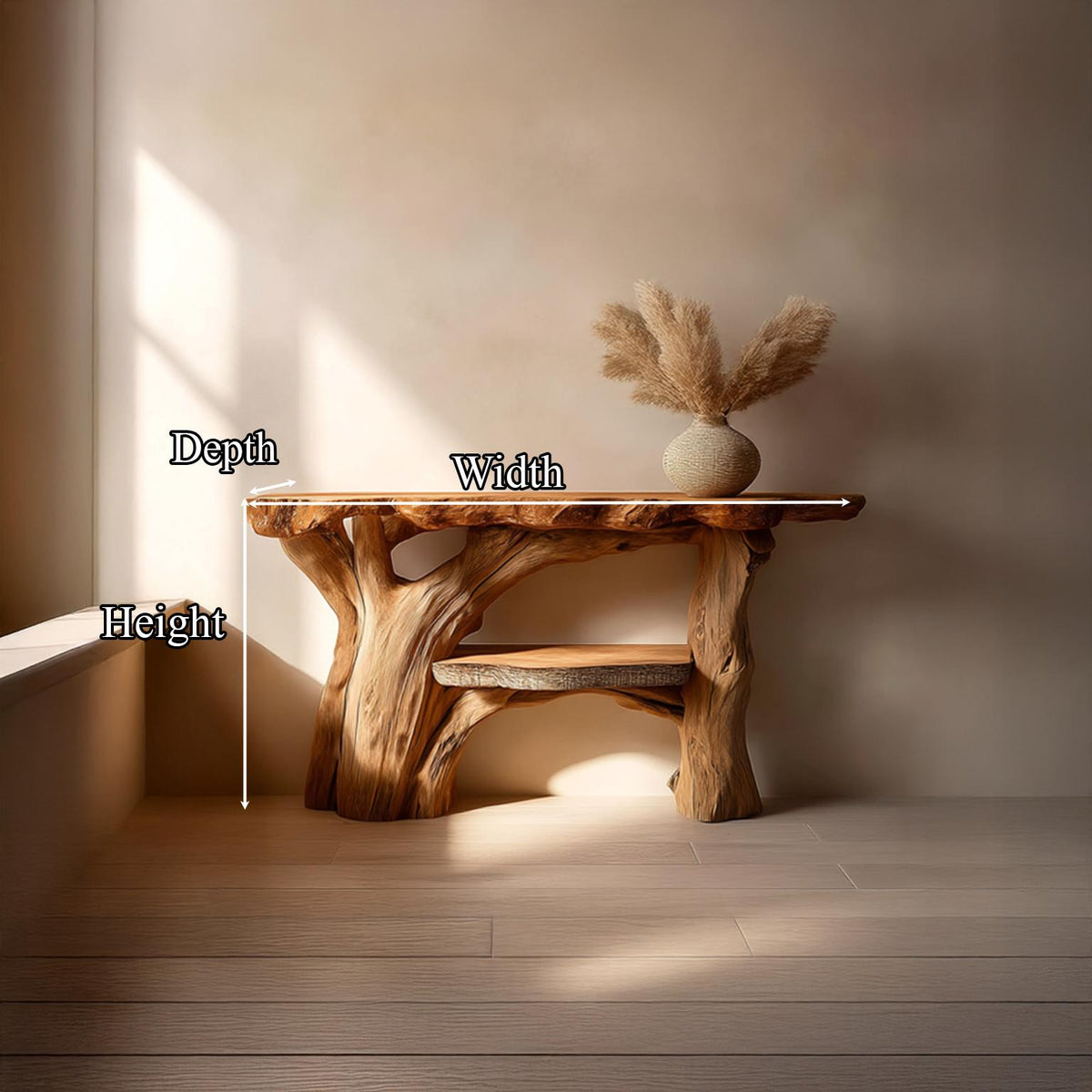 Rustic Sculptural Solid Wood Console Table, Living Room Accent Sofa Table, Handcrafted, Model