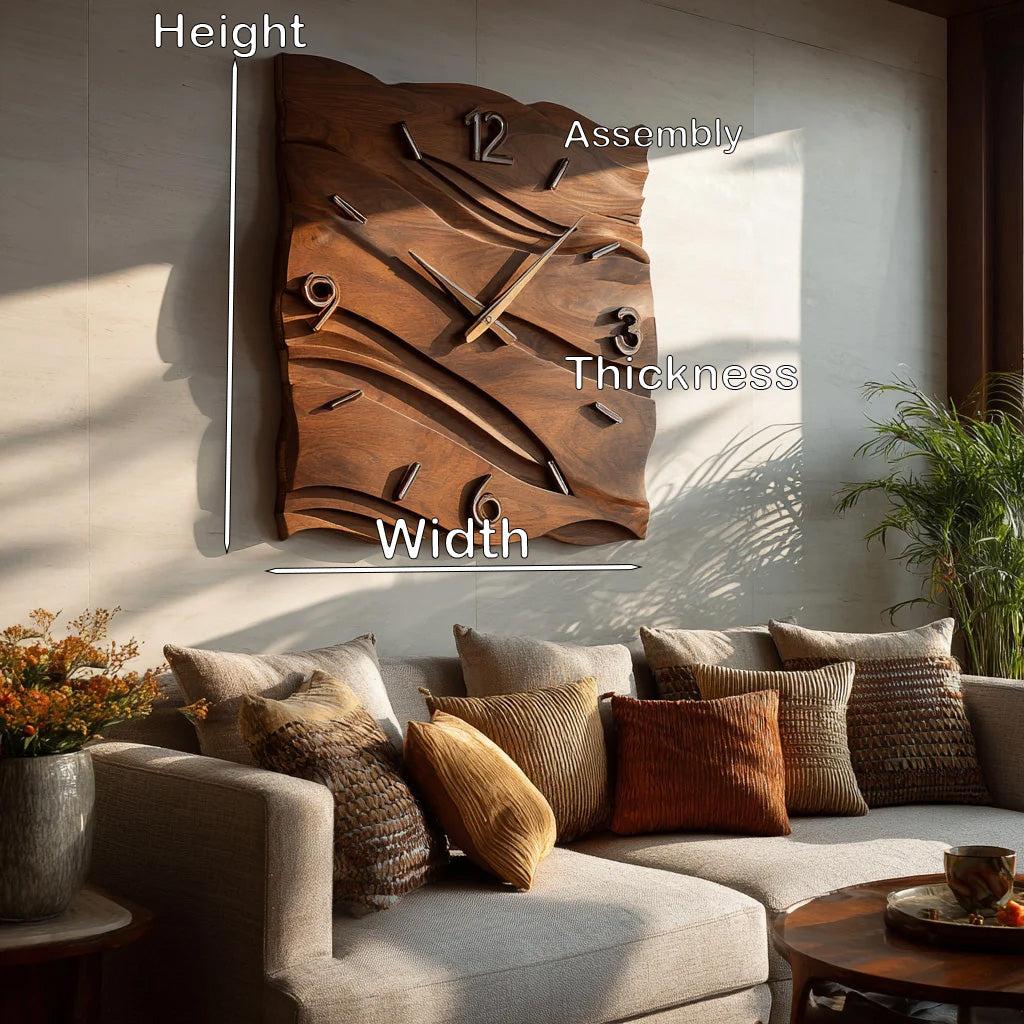 Organic Modern Wood Wave Wall Clock, Handcrafted Solid Wooden Wavy Artistic Timepiece for Home Decor