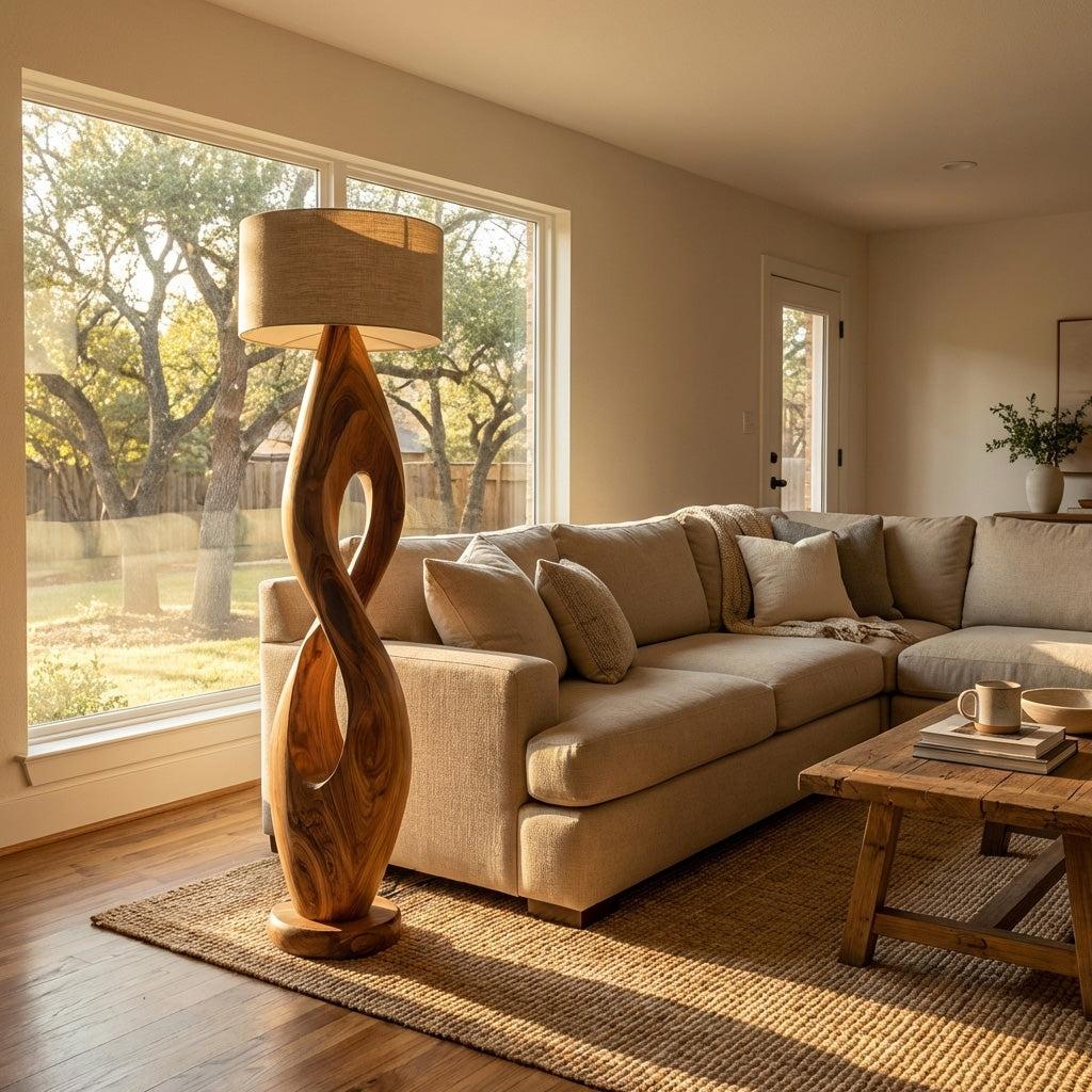 Modern Twisted Wooden Floor Lamp, Handcrafted Solid Wood Spiral Standing Light with Shade for Living Room, Model