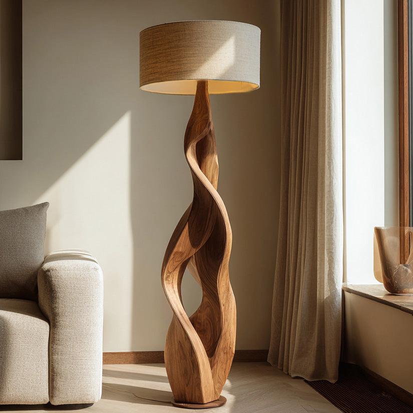 Sculptural Wooden Floor Lamp with Fabric Shade, Modern Solid Wood Standing Night Light for Bedroom Cozy Corner, Model