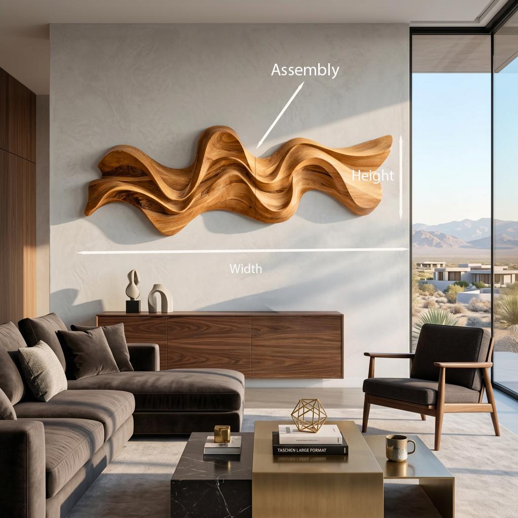 Modern Wavy Wall Art Sculpture, 3D Abstract Fluid Wave Carved Wood Wall Panel for Living Room & Office Decor
