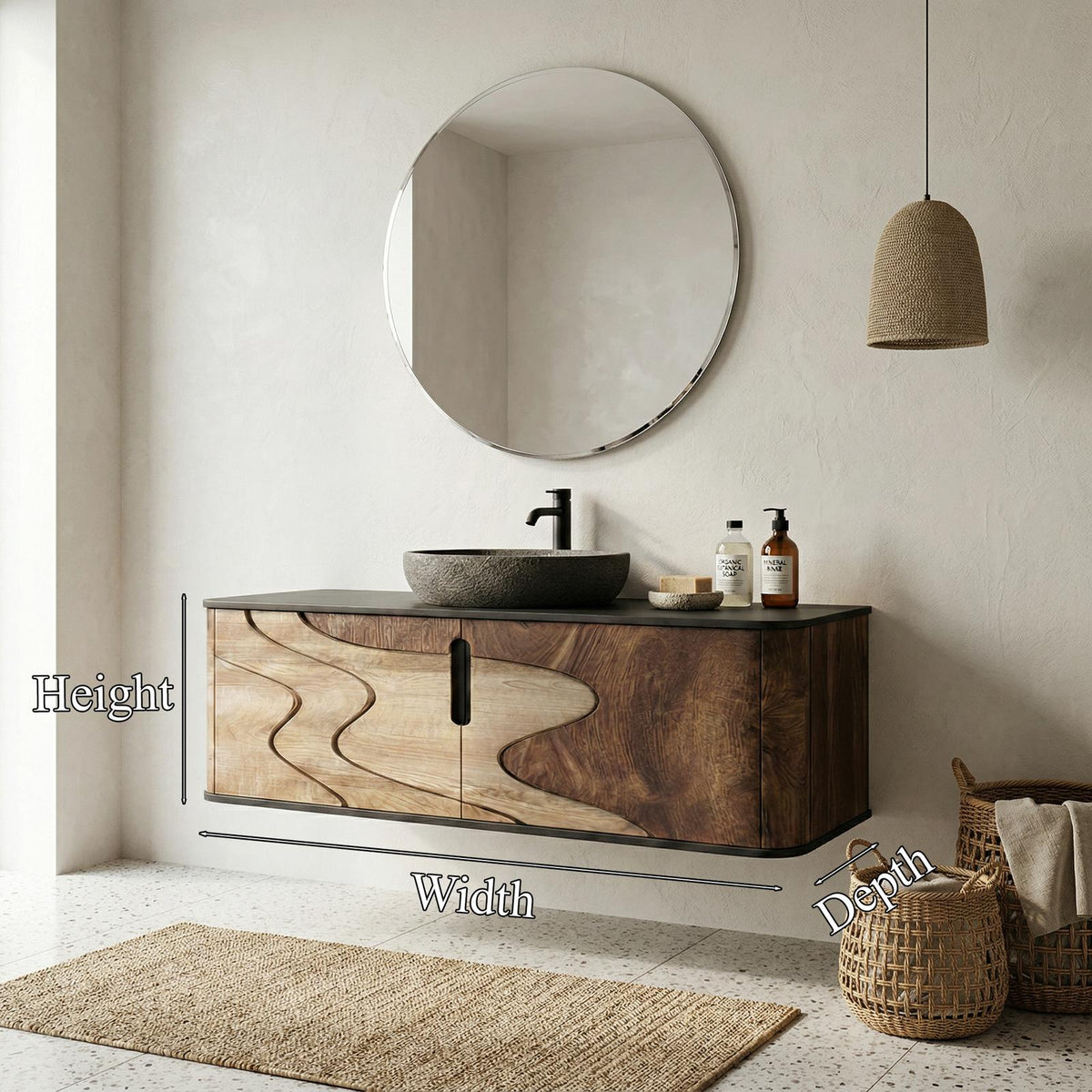 Organic Flow Bathroom Vanity Solid Wood Curved Front Storage Bathroom SINLHABCT018