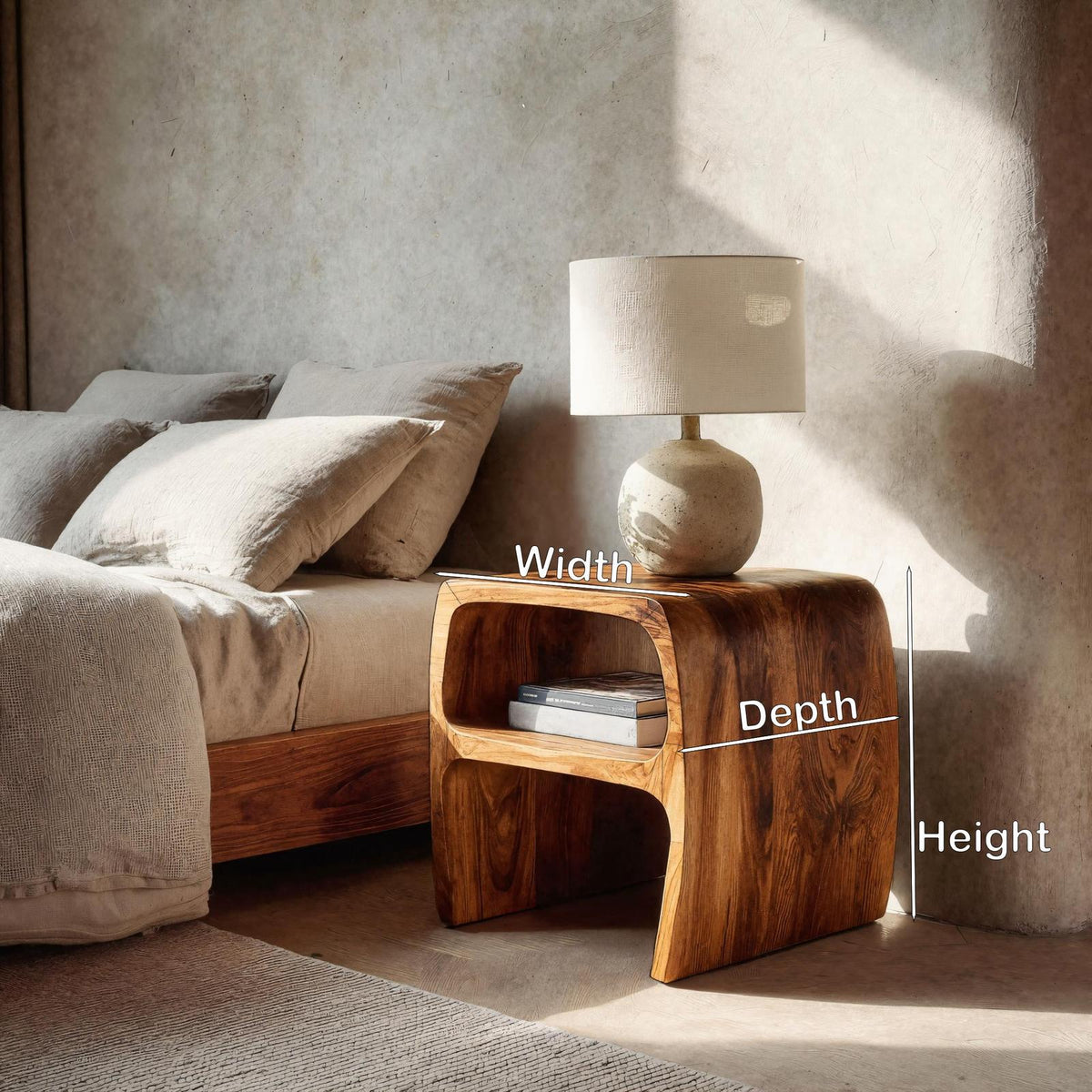 Spry Interior Modern Sculptural Wooden Nightstand with Open Storage Shelf, Unique Organic Bedside Table, Model RTTHHNNS025