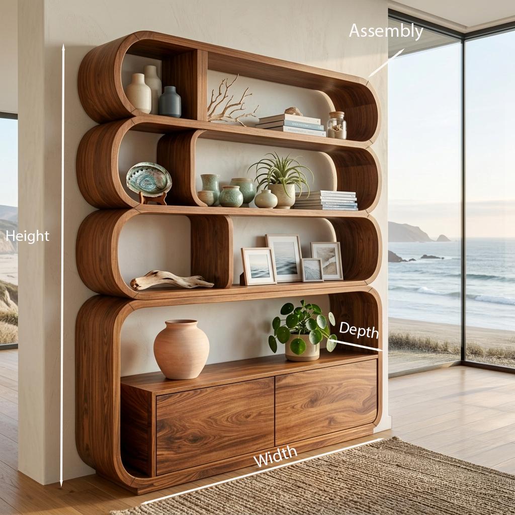 Modern Natural Wood Bookshelf with Curved Structure, Handcrafted Solid Wood Bookcase for Living Room & Office