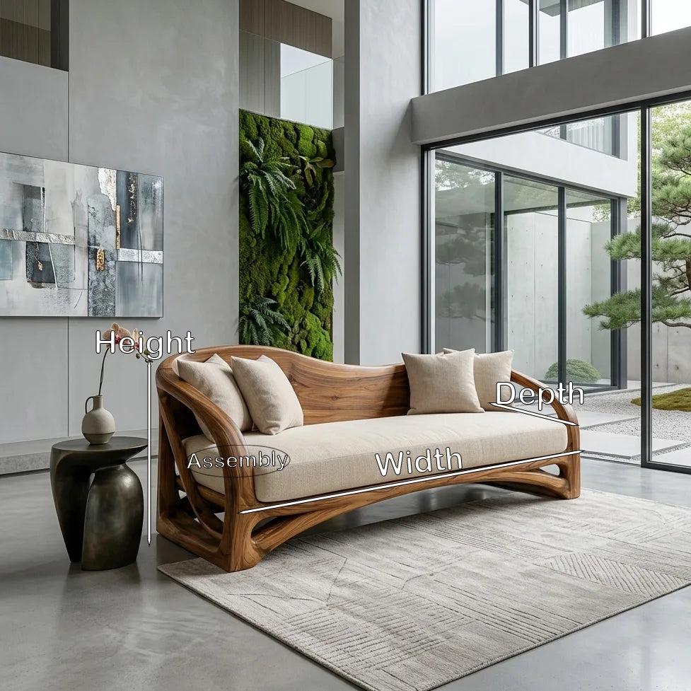 Organic Wooden Sofa With Sculptural Curved Frame For Living Room
