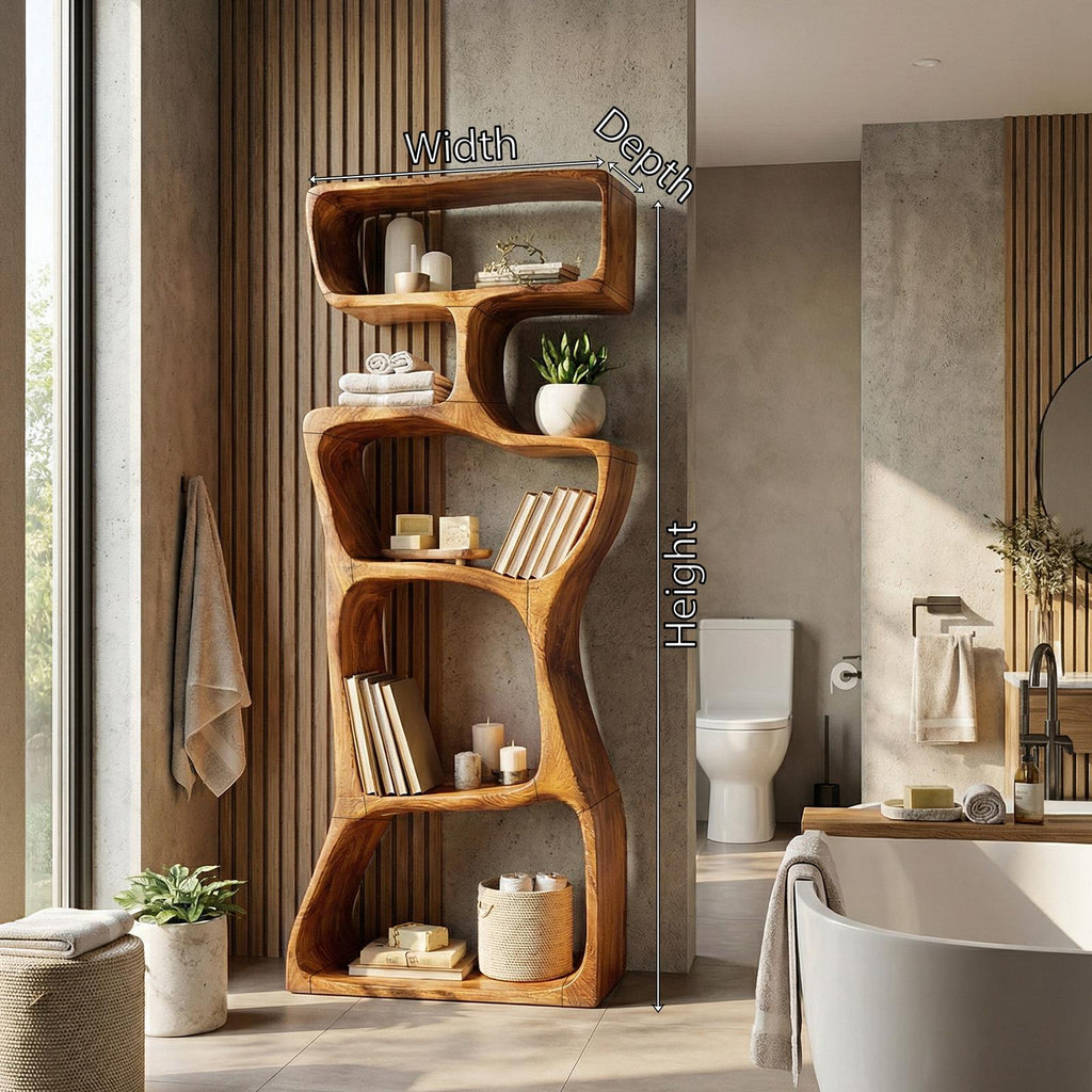 Organic Modern Asymmetrical Bookshelf, Unique Wooden Bookcase Shelf for Living Room & Reading Nook