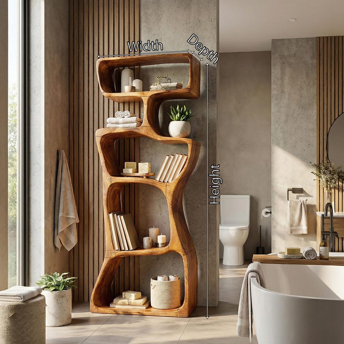 Organic Modern Asymmetrical Bookshelf, Unique Wooden Bookcase Shelf for Living Room & Reading Nook