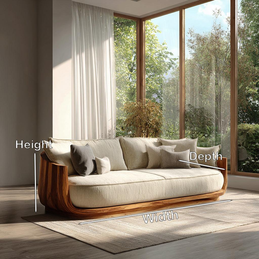 Modern Wooden Sofa with Flowing Rounded Edges, Contemporary Settee Loveseat, Living Room Designer Couch