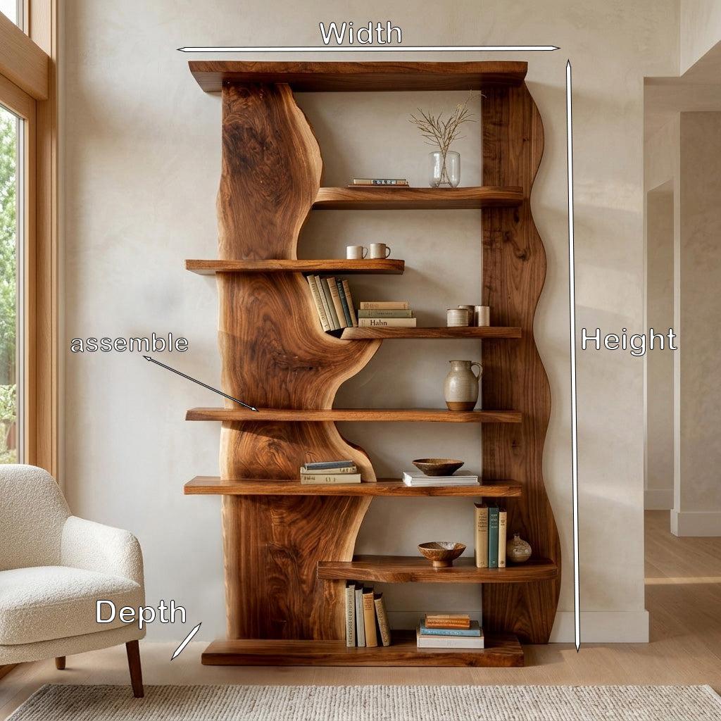 Organic Live Edge Wooden Standing Shelf, Rustic Tiered Bookcase Natural Slab Wood Display Rack for Living Room
