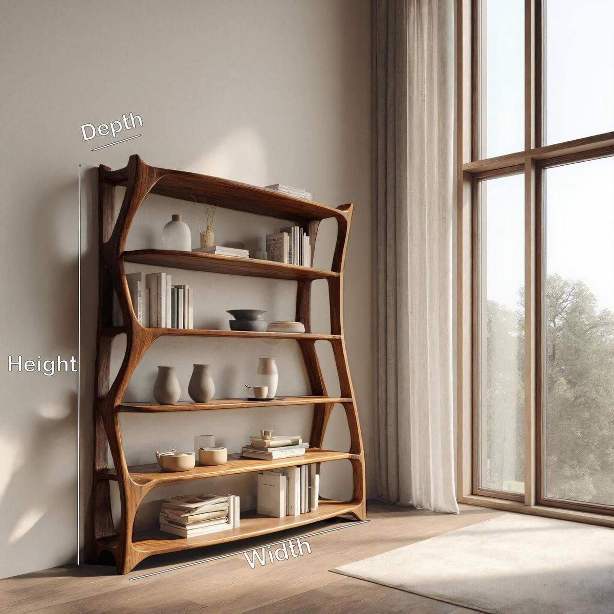 Elegant Wooden Standing Shelf with Storage Tiers, Modern Timber Bookcase Display Rack for Living Room Decor