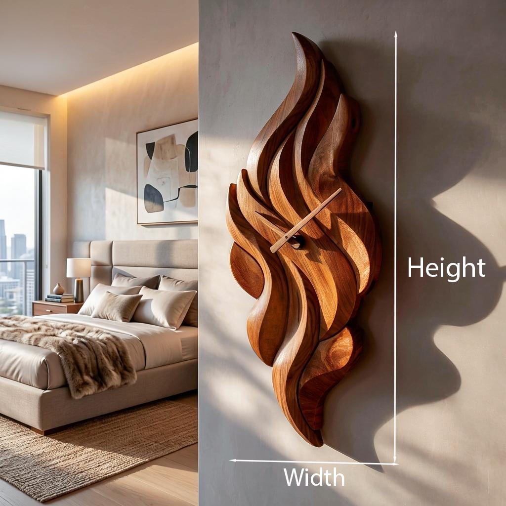 Modern Wooden Wall Clock with Sculptural Wave Carving, Handcrafted Abstract Wood Art Clock for Home Decor